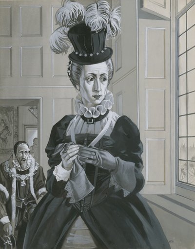 Drottning Elizabeth I, när hon hör nyheten om avrättningen av Mary Queen of Scots (gouache på papper) av Angus McBride