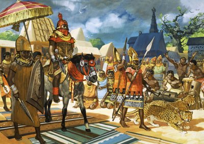Oba, eller kung, av Benin, Västafrika, ca 1550 (gouache på papper) av Angus McBride