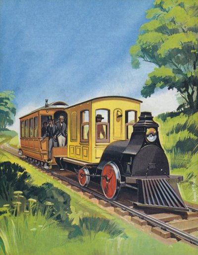Thomas Edisons elektriska tåg, byggt 1882 (färglitografi) av Angus McBride