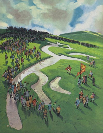 Uffington White Horse, byggd av Alfred den store efter slaget vid Ashdown mot danskarna (färglitografi) av Angus McBride