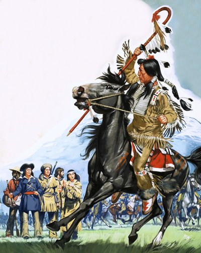 Oidentifierade indianer omringar en liten grupp scouter av Angus McBride