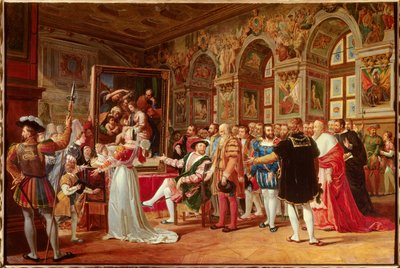 Francois 1:a århundradet: Francois 1:e kung av Frankrike tog emot målningen av den heliga familjen i Fontainebleau, skickad från Rom av Rafael (Raffaello sanzio italiensk målare) som en hyllning till hans tacksamhet. På dess sidor skiljer vi: (Del till vän av Anicet Charles Gabriel Lemonnier