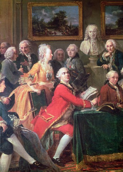 An Soirée at the Home of Madame Geoffrin detalj av Lekain och Mademoiselle Clairon, 1755 olja på duk av Anicet Charles Lemonnier