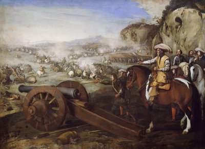 Kapten till häst beordrar att avfyra kanon under strid, målning av Aniello Falcone (1607-1656), olja på duk, 94x131 cm av Aniello Falcone
