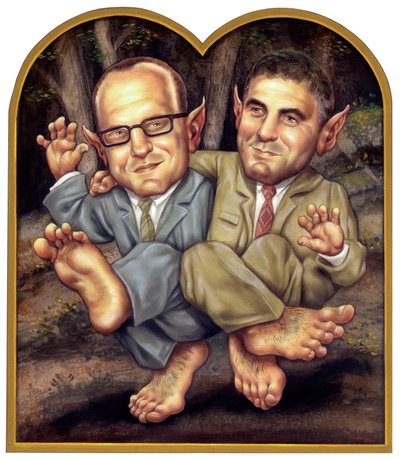 Clooney och Soderburgh, 2002 (akryl på illustrationstavla) av Anita Kunz