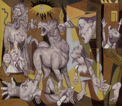 Guereza Guernica, 2018 (akrylfärg på illustrationstavla) av Anita Kunz