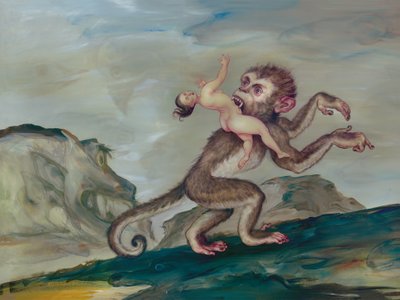 Kvinna som bärs bort av sin primat, 2018 (akrylfärg på illustrationsskiva) av Anita Kunz