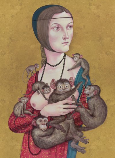 Kvinna med apor, 2016 (akrylfärg på illustrationstavla) av Anita Kunz