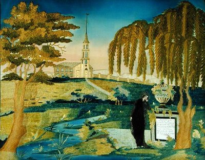 Kvinna som står vid minnesmärket över konstnärens make, ca 1800-20 (silke) av Ann D. Beckman