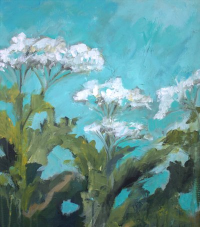 Vita blommor mot en turkos himmel av Anna-Karin Bergius