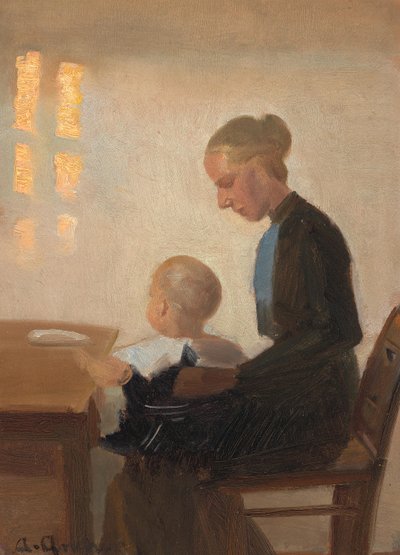 En interiör med en mor och ett barn. av Anna Ancher