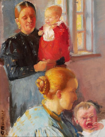 Två unga mödrar med sina små barn. Studie för "Vaccination". av Anna Ancher