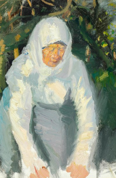 Kvinna från Skagen med vit halsduk. av Anna Ancher