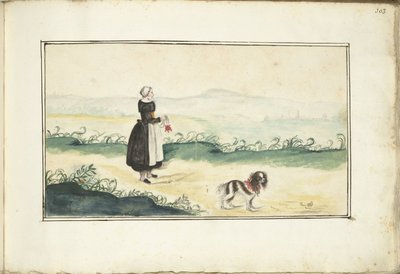 Bondekvinna och hund i ett landskap av Anna Cornelia Moda (possibly)