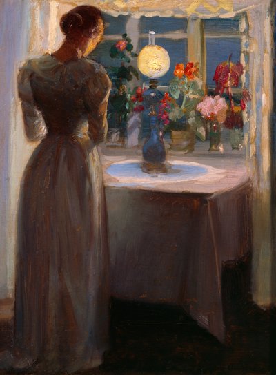 Ung flicka framför en lampa av Anna Kirstine Ancher