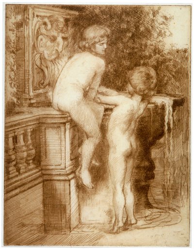 "Två pojkar vid en vattenfontän", c1864-1930 av Anna Lea Merritt