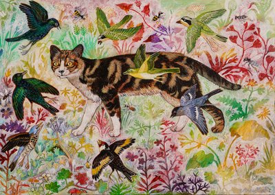 Tabby och fåglarna, 2019 (akryl) av Anna Pugh