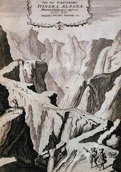 Frontispice till volym I av "Itinera Alpina" av Johann Jacob Scheuchzeri, publicerad 1706 (gravyr) av Anna Wasera (after) Tigurina