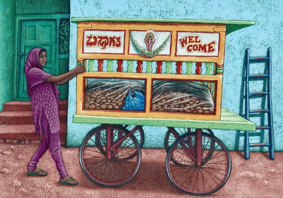Gatuförsäljare, Indien, 2019 (gouache) av Annalisa Morrocco