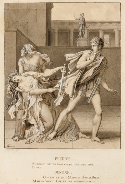 Phaedre, som har förklarat sin passion, försöker döda sig själv med Hippolytus svärd av Anne-Louis Girodet de Roucy-Trioson