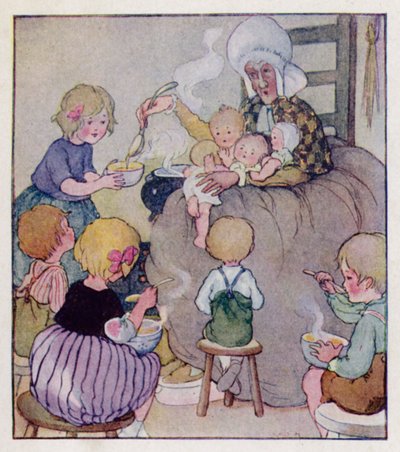 Barnrim: Det var en gammal kvinna som bodde i en sko (färg litho) av Anne (after) Anderson