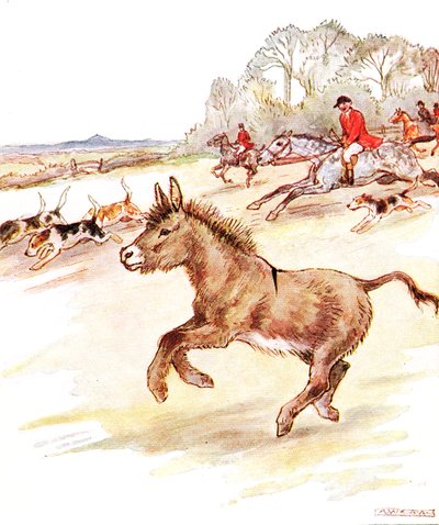 "Jag hade mitt livs tid idag. Män i röda rockar på hästar och massor av hundar kom galopperande över mitt fält", illustration från "The Naughty Neddy Book", utgiven av Thomas Nelson und Sons, 1920-talet (färgat av Anne Anderson