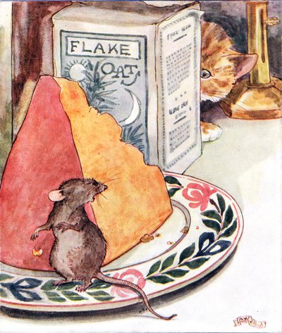 "Having a bit of supper - prime Stilton", illustration från "The Mischievious Mousie Book", utgiven av Thomas Nelson und Sons, 1920-talet. av Anne Anderson