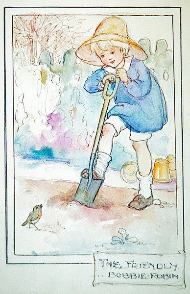 The Friendly Robbie Robin, ca 1916 (penna & bläck med akvarell & penna på papper) av Anne Anderson