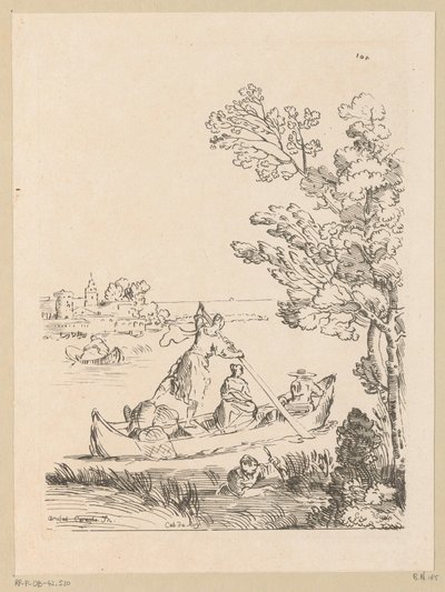 Flodlandskap med en båt som roddas av en kvinna Cabinet du Roy (serietitel på objekt) av Anne Claude Philippe Caylus