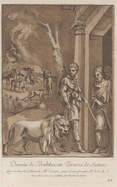 En herde som håller ett lejon i koppel i förgrunden, i mitten sh..., ca. 1729-64 av Anne Claude Philippe de