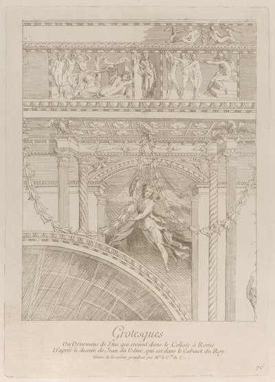 Grotesker: detalj av stuckaturrelieferna som dekorerar Colosseum i Rom, med en vinge..., ca. 1729. av Anne Claude Philippe de Caylus