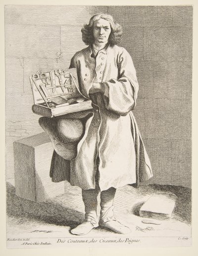 Handlare av knivar, saxar och kammar, 1742. av Anne Claude Philippe de Caylus