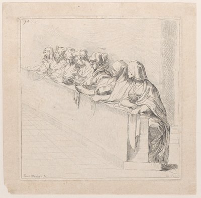 Sju kvinnor som sitter bakom en låg mur, 1700-talet. av Anne Claude Philippe de Caylus