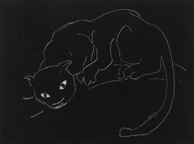 Night Series: The Cat (litho, vit linje på vävt papper) av Anne Goldthwaite