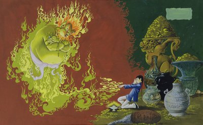 Aladdin, illustration från Deans Gold Medal Book of Fairy, Pub för sagor nummer 2. av Dean & Sons Ltd., 1965 (gouache på tonat papper) av Anne Grahame Johnstone
