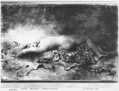 Naken ung flicka som ligger på en djurhud (stubbe och svart penna på papper) av Anne Louis Girodet de Roucy Trioson