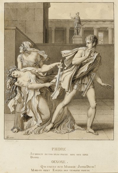 Phaedre, som har förklarat sin passion, försöker döda sig själv med Hippolytus svärd av Anne Louis Girodet de Roussy Trioson
