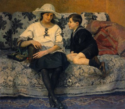 En ung flicka och en ung pojke på en soffa (olja på duk) av Anne Marie Henriette Brejat