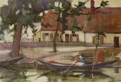Båt på en kanal, fransk by av Anne Redpath