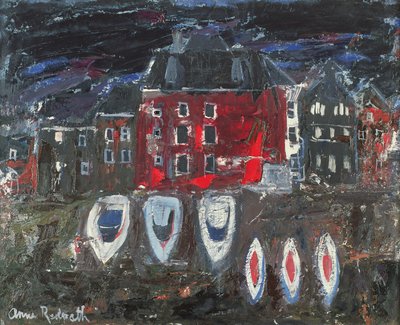 Båtvarv, Amsterdam (olja ombord) av Anne Redpath