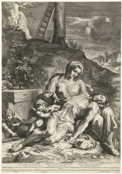 Pieta, graverad av Pieter de Bailliu av Annibale (after) Carracci