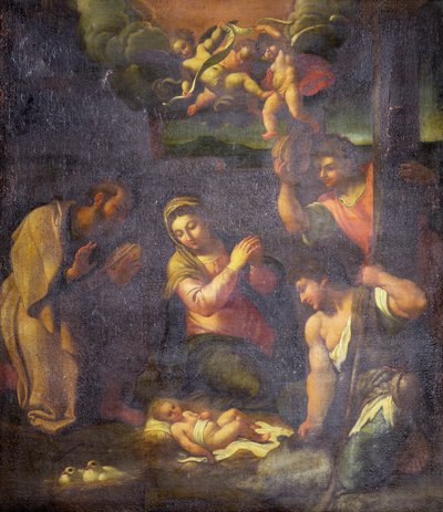 Tillbedjan av herdarna (olja på duk) av Annibale (follower of) Carracci