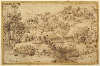 Landskap, i förgrunden vilar tre män och en hund som sover, vid en bäck (penna & brunt bläck på papper) av Annibale (follower of) Carracci