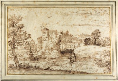 Landskap med ett slott och ruinerna av en klassisk portik (penna och brunt bläck på papper) av Annibale (follower of) Carracci