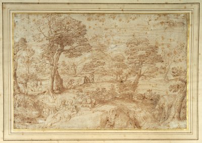 Landskap med resten på flykten från Egypten, efter Annibale Carracci (penna och brunt bläck på papper) av Annibale (studio of) Carracci