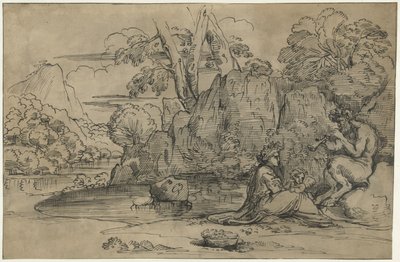 Landskap med en satyr som spelar flöjt, kvinna och putto av Annibale Carracci (attributed to)