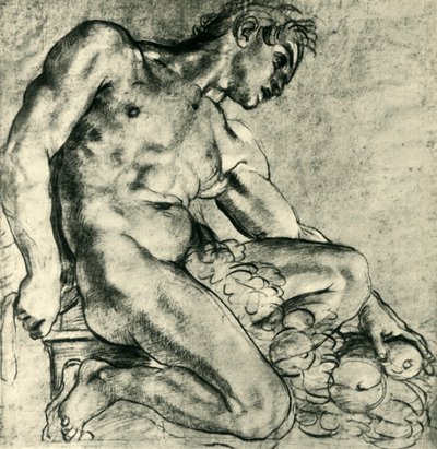 En sittande Ignudo med en krans, 1598-1599, 1943. av Annibale Carracci