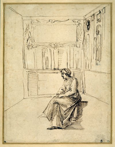 En kvinna som sitter i ett rum (penna & brunt bläck på papper) av Annibale Carracci