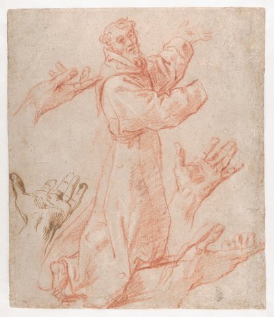 Carracci - Studier till en figur av den helige Franciskus knäböjande i trekvartsvy och till hans händer (recto), 1583-85 av Annibale Carracci