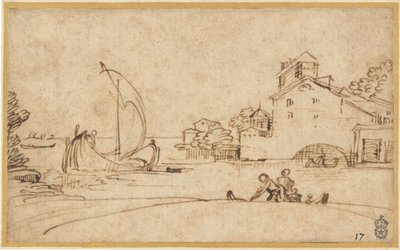 Landskap med figurer vid en mynning med segelbåtar av Annibale Carracci